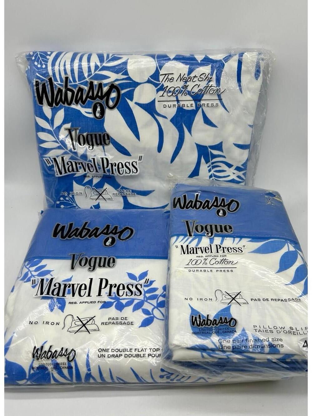 Vtg Vogue Wabasso Bed Sheets Double Complete Set Samoa Blue White Floral NEW NOS
